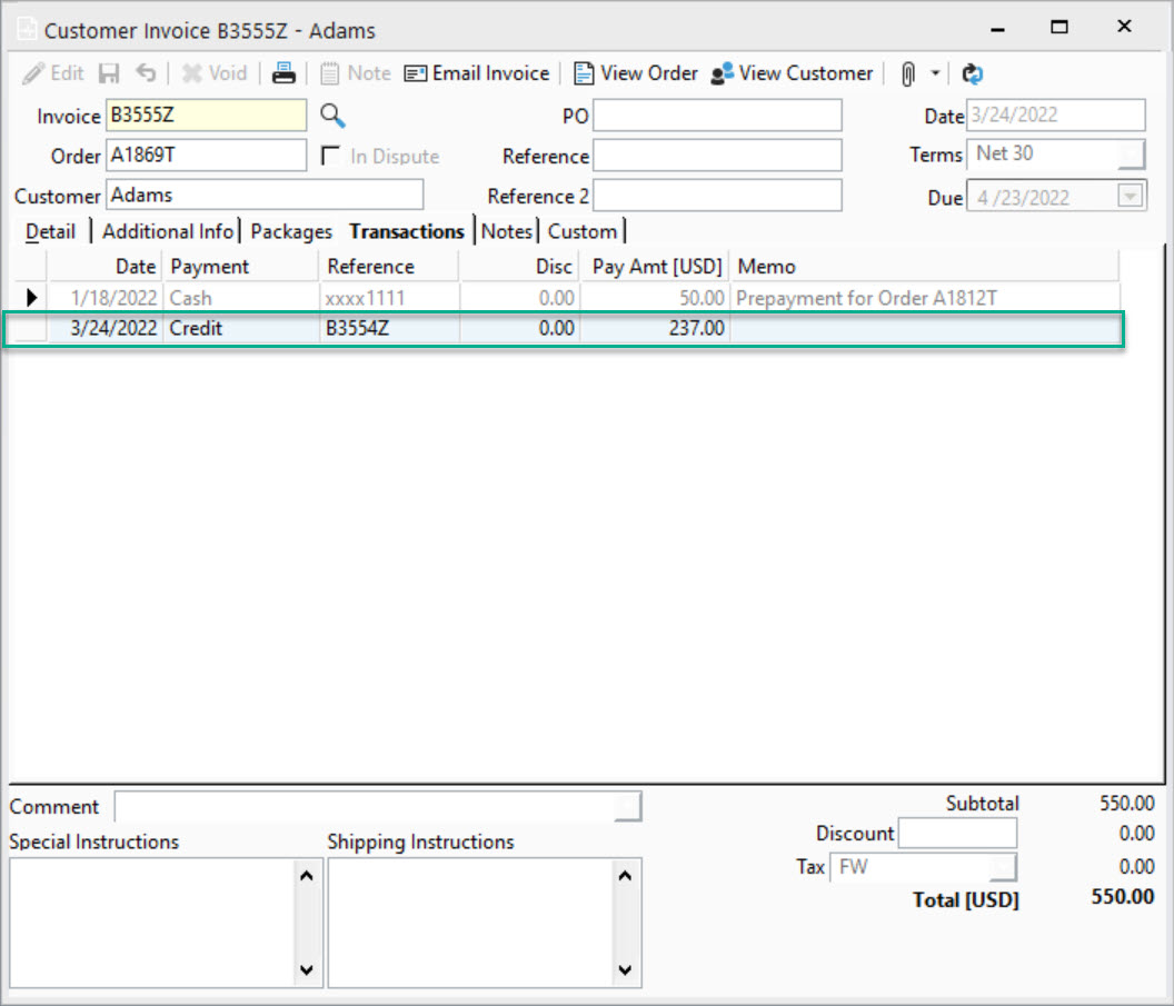 Credit Memo Payment Transactions