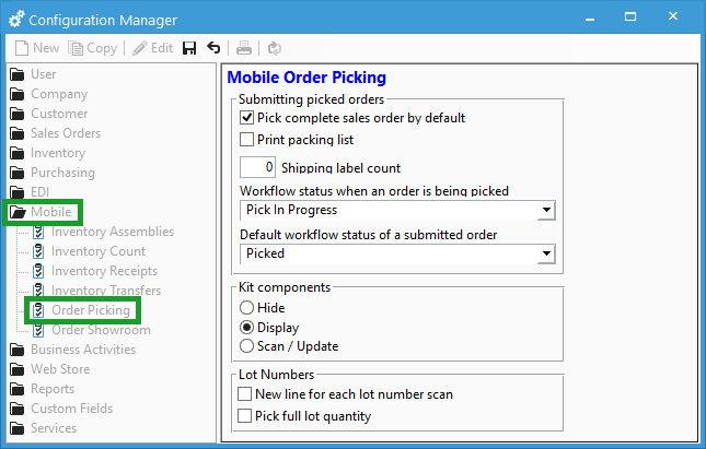 Mobile Order Pick Configuration