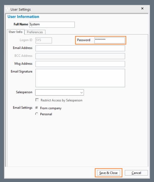 User Settings Window