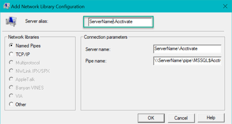 Using Named Pipes for Microsoft SQL Server.